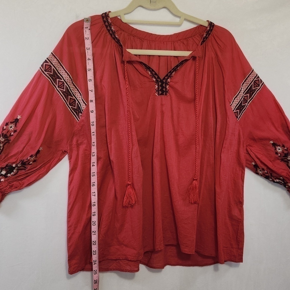 Alicia Pageboy M Red Aztec/Tribal Embroidered V-Neck Tassle Tie Front Boho Top - Picture 13 of 14